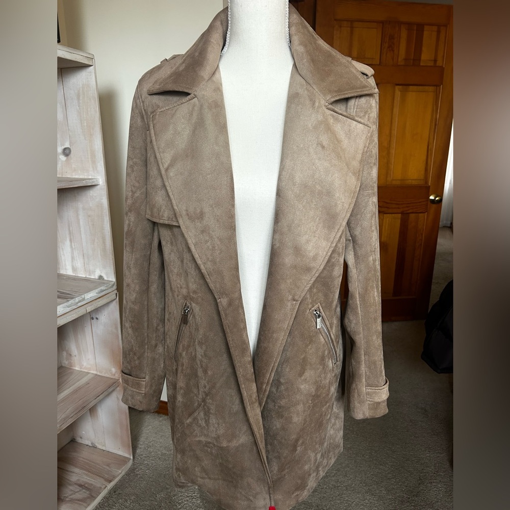 MAGASCHONI Tan Faux Suede Open Front Jacket Size Large - Picture 3 of 14